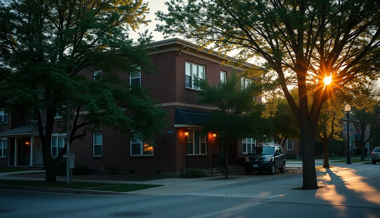 Brick apartment building on an Indianapolis residential street at golden hour