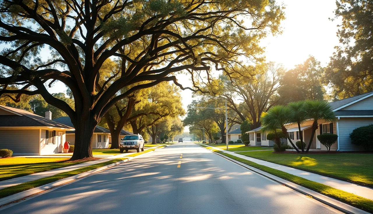 Quiet Jacksonville residential street with single-story homes and oak trees