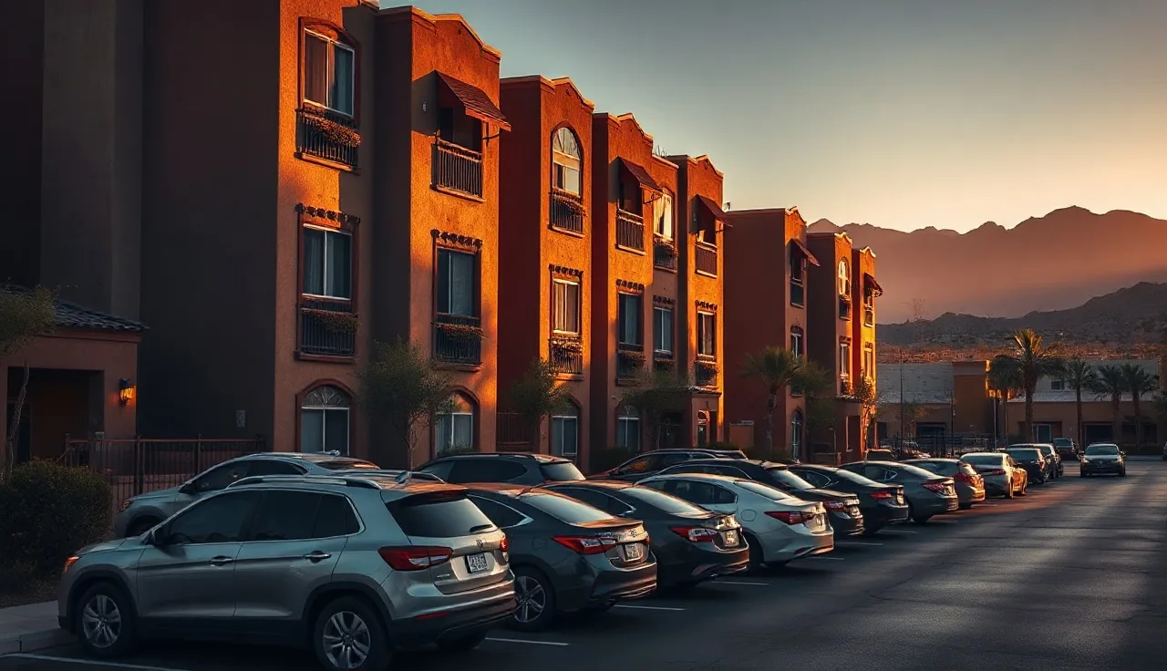 Low income apartment complex exterior in Las Vegas at golden hour with desert mountains