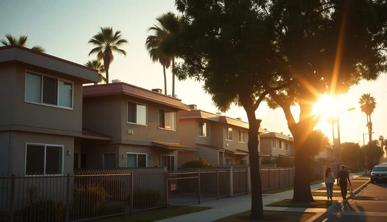 Modest apartment buildings in East Los Angeles with residents on the sidewalk in morning light