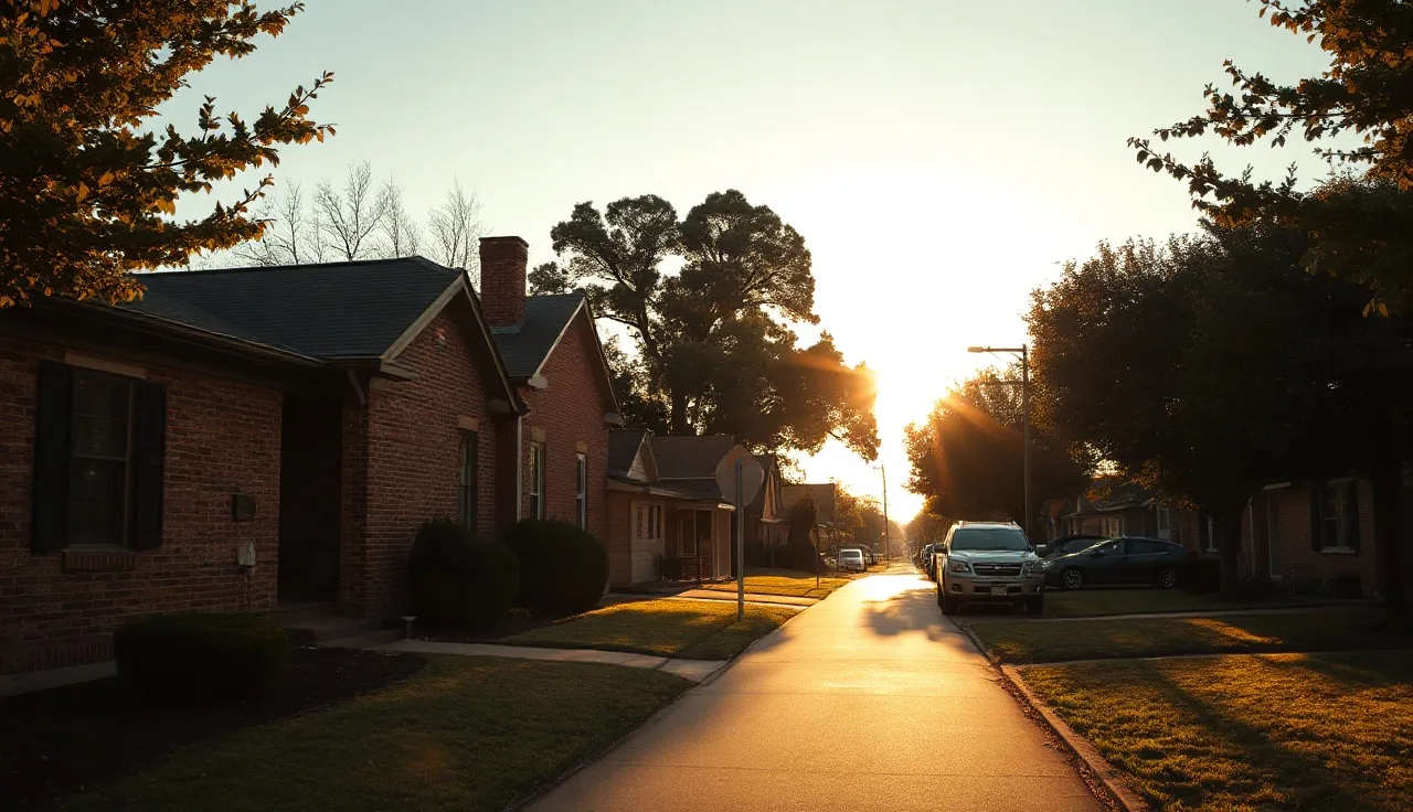 Quiet Memphis residential street with brick homes and afternoon sunlight