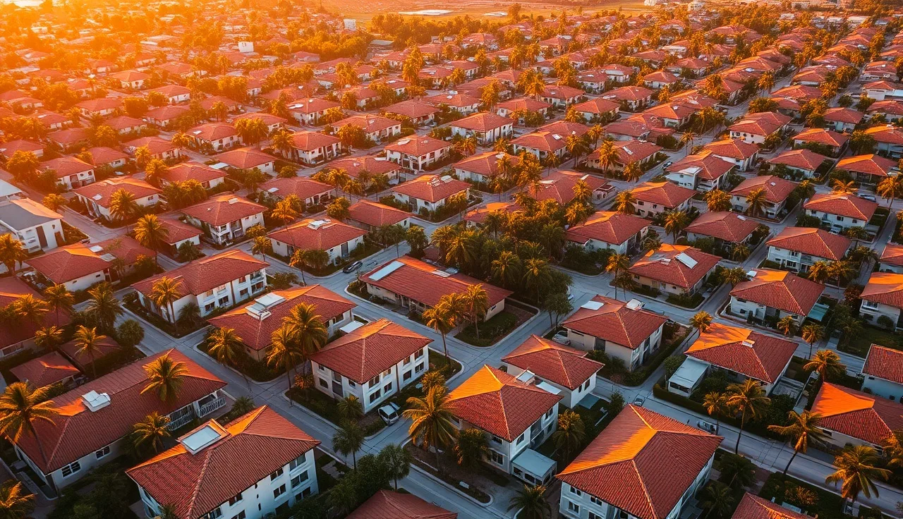 Aerial view of a Miami residential neighborhood with apartment buildings and palm trees