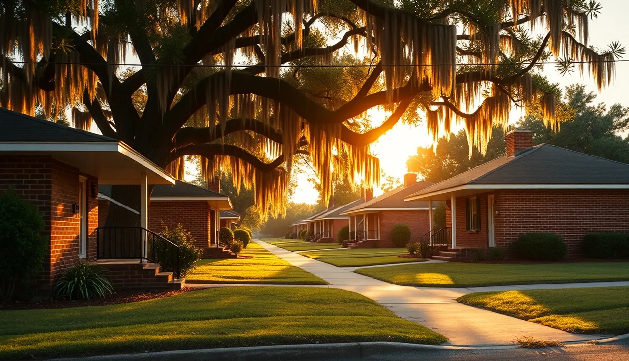 Brick rental homes on a quiet Mobile Alabama residential street in afternoon light