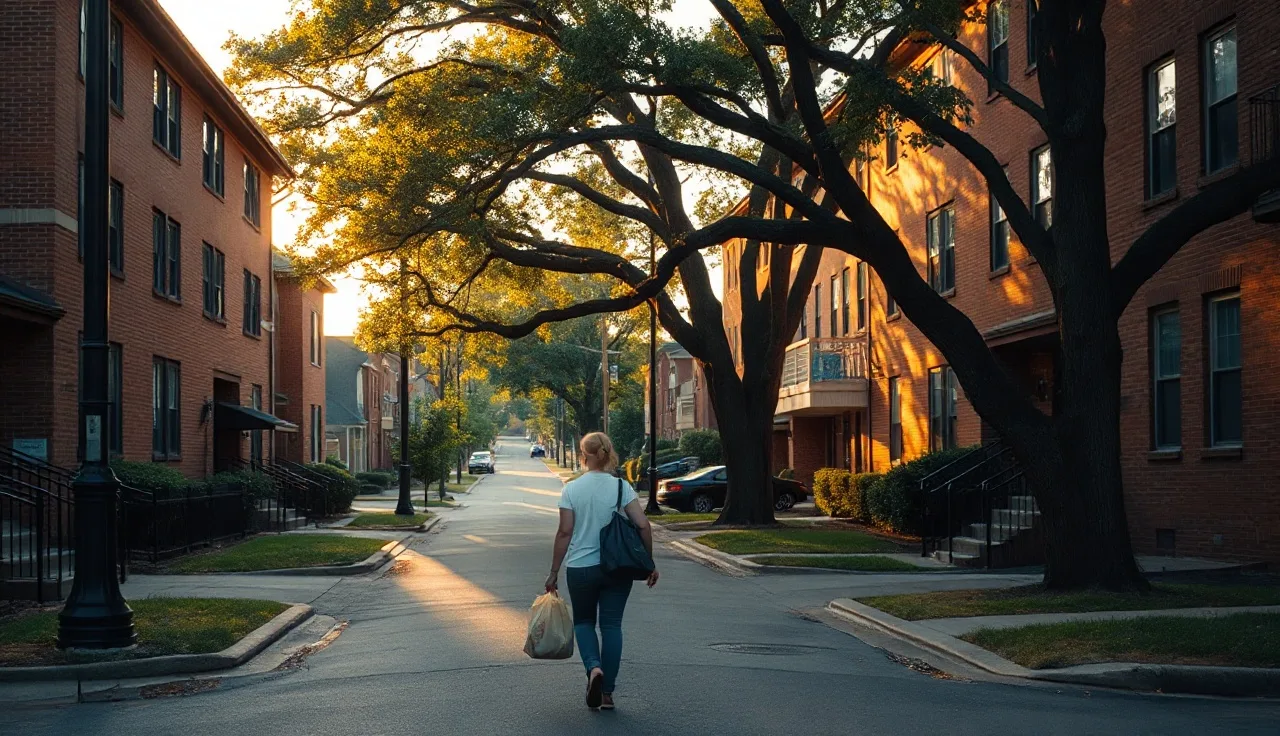 Woman carrying groceries toward affordable apartment building on Nashville residential street