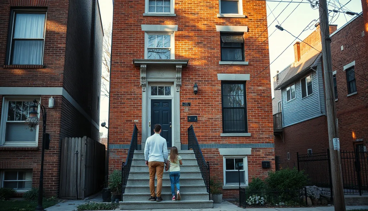 Family on brick apartment building stoop in New Jersey neighborhood afternoon light