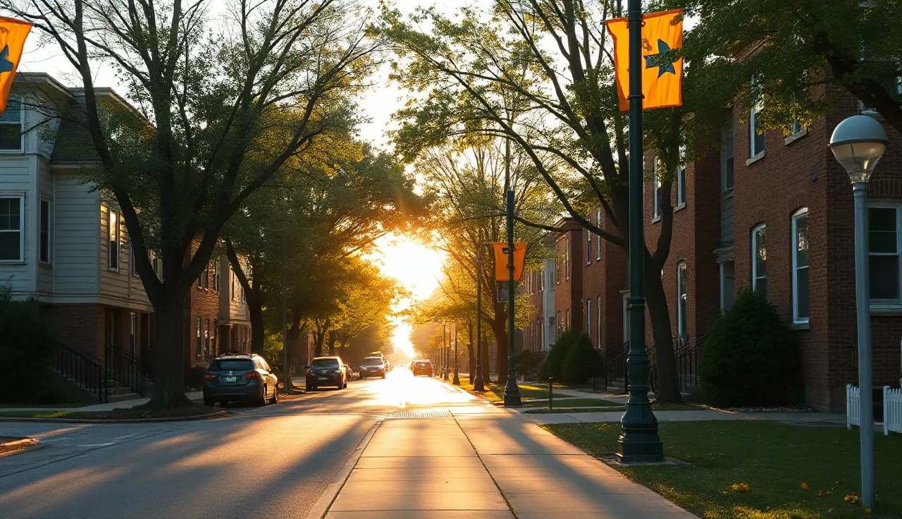 Tree-lined NJ residential street with brick apartment buildings at golden hour