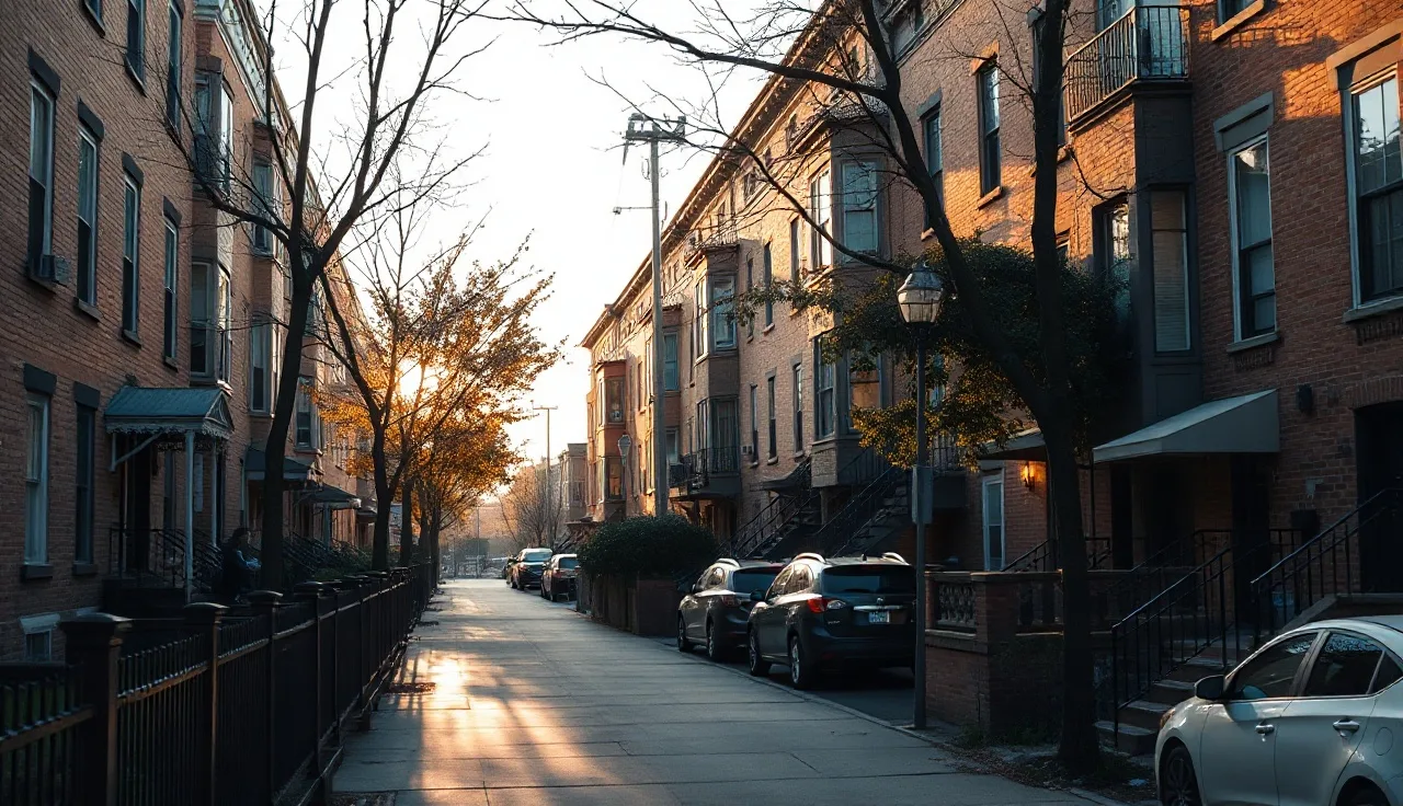 Brick apartment buildings on a residential Queens street in late afternoon light