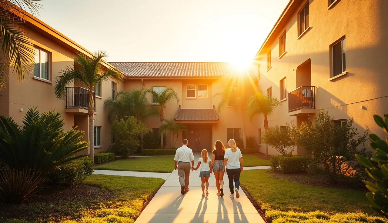 Suburban Orlando apartment complex courtyard with family walking at golden hour