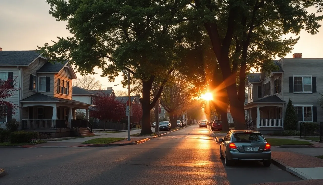 Modest apartment buildings on a Portland Oregon residential street at golden hour