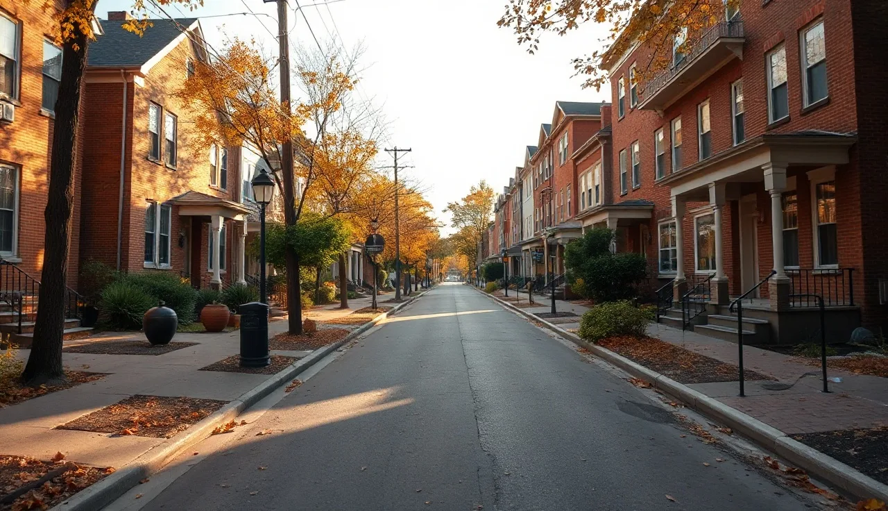 Brick row houses on a quiet Rochester NY residential street in autumn afternoon light