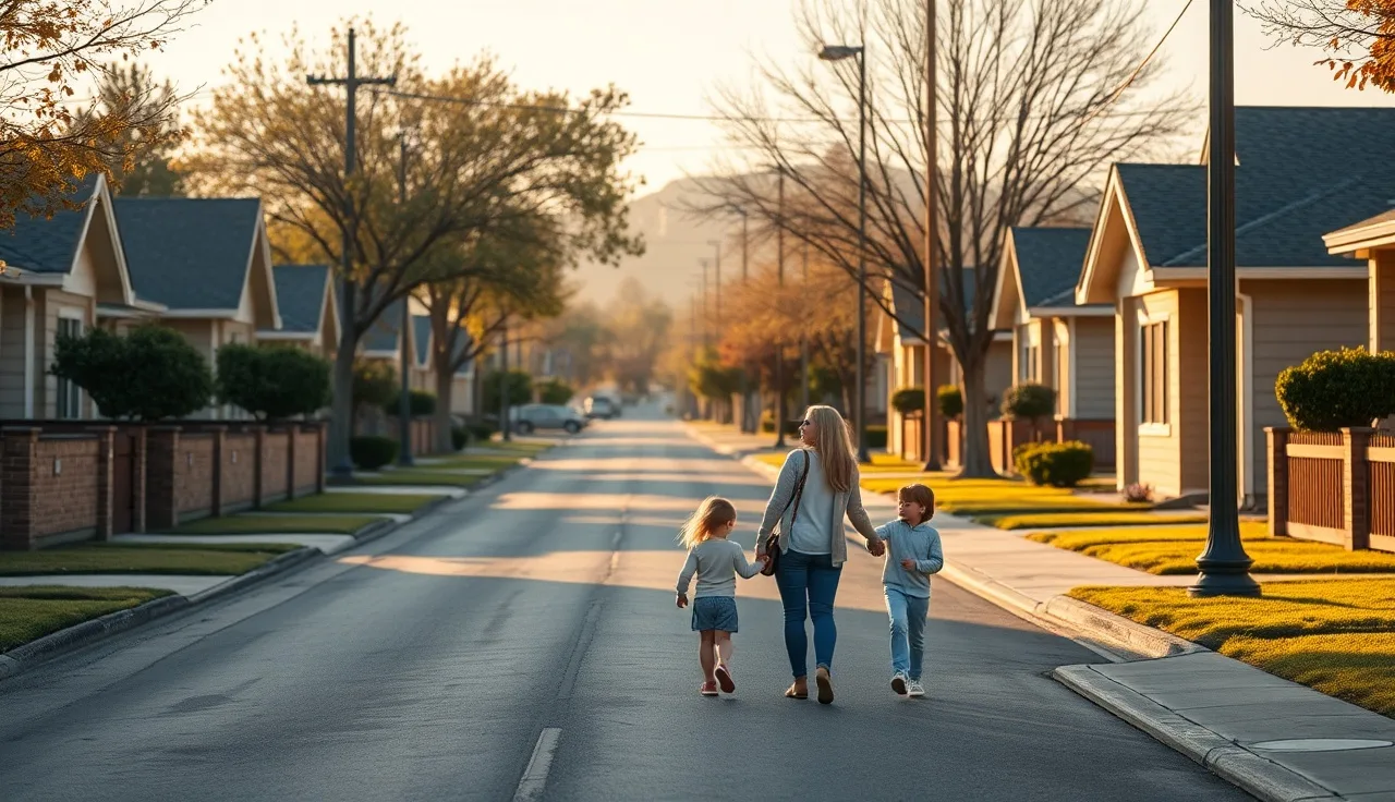 Mother and children walking toward a Sacramento apartment leasing office on a sunny afternoon