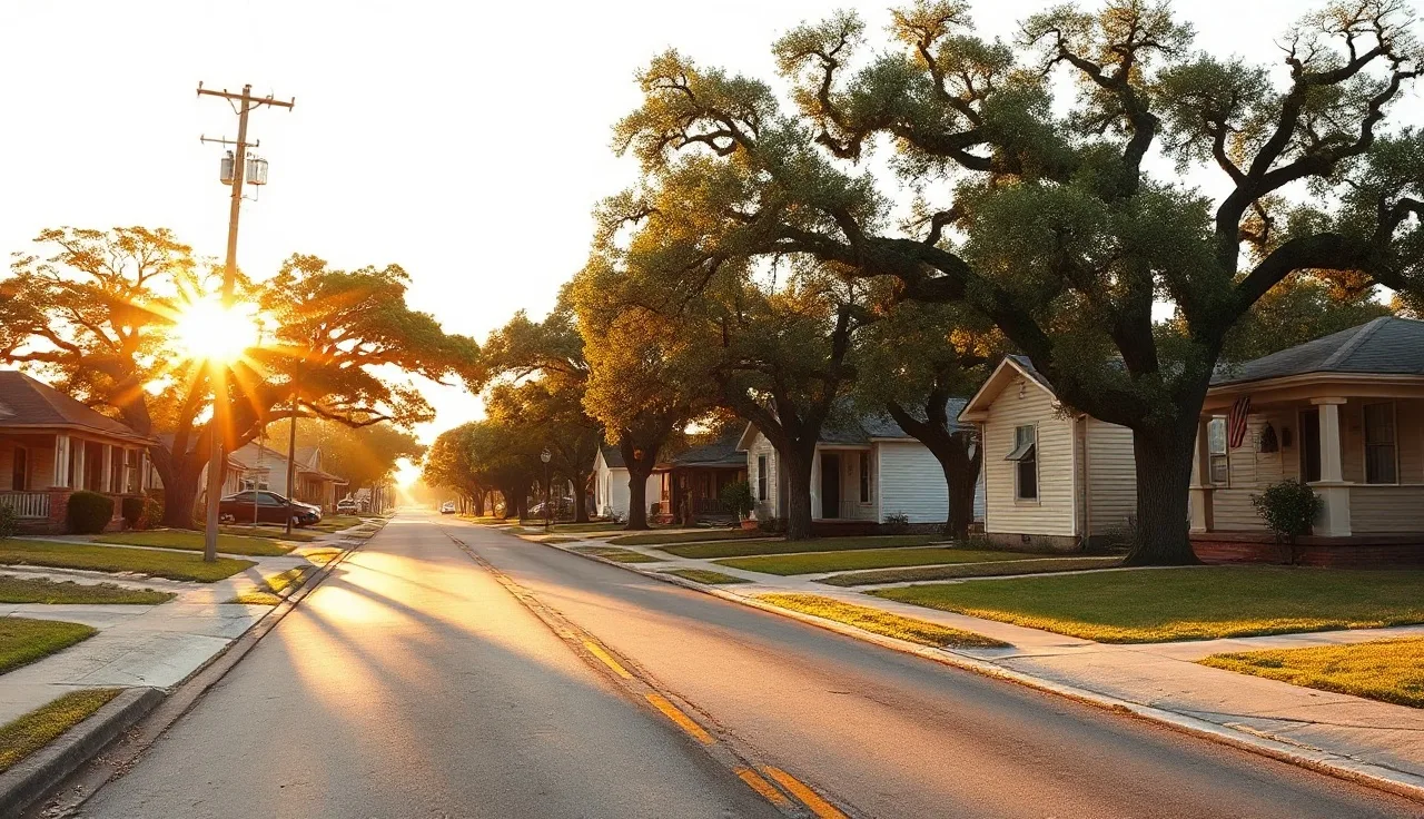 Quiet San Antonio residential street with modest homes at golden hour