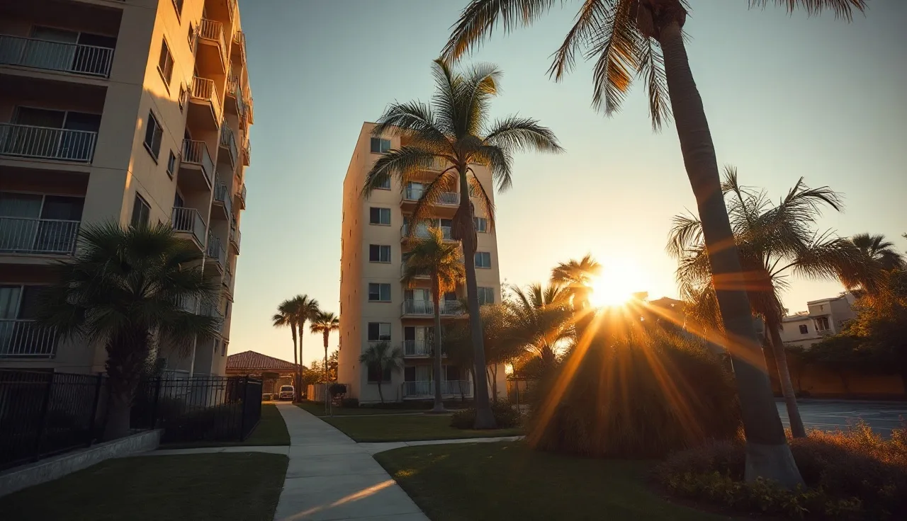 Affordable apartment building exterior in San Diego neighborhood under warm afternoon light