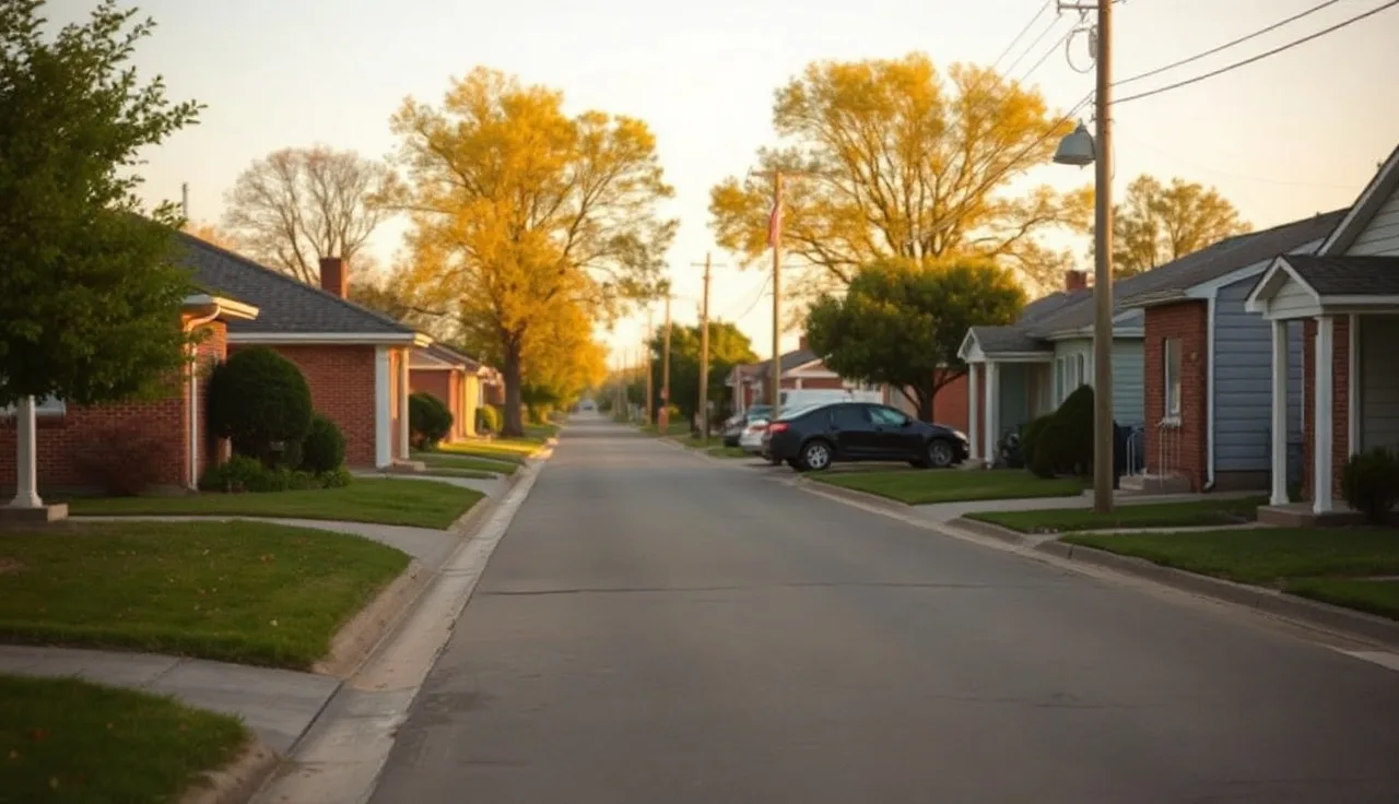 Modest residential street with brick rental homes in Springfield Missouri morning light