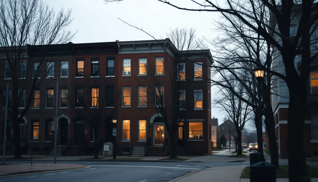 Brick rowhouses on a quiet St. Louis residential street in morning light