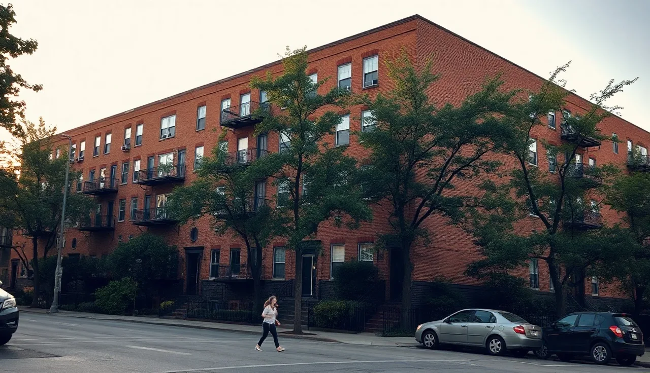 Brick apartment buildings on a tree-lined street in Westchester County New York