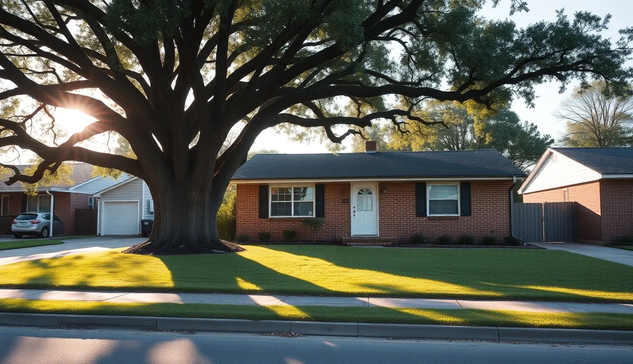 Brick rental home on a quiet Macon Georgia residential street at dawn