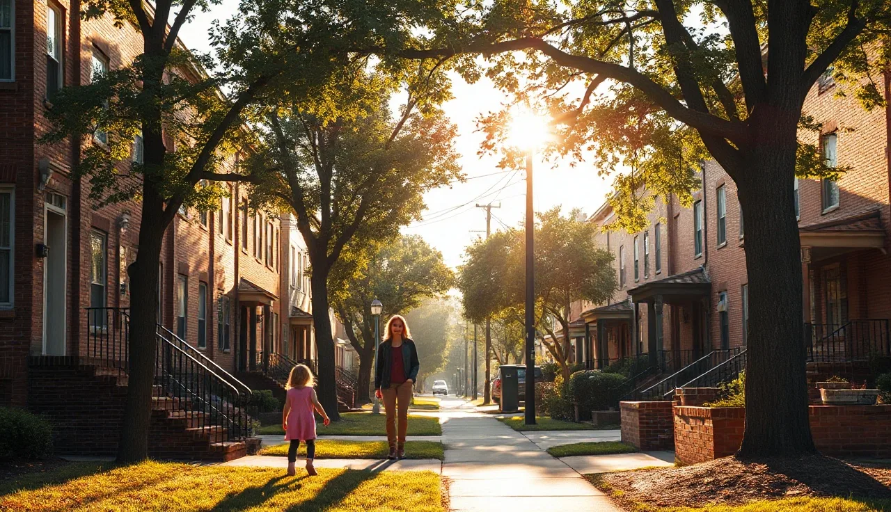 Woman and children arriving at affordable brick row house on a Maryland city street