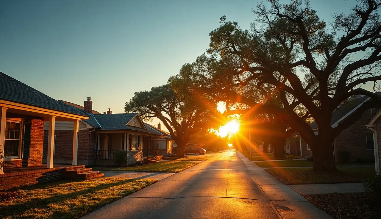 Quiet Memphis residential street with brick homes and oak trees in afternoon light