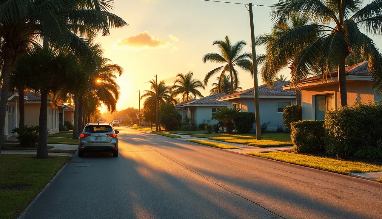 Residential street in Miami-Dade neighborhood with affordable single-family homes at sunset