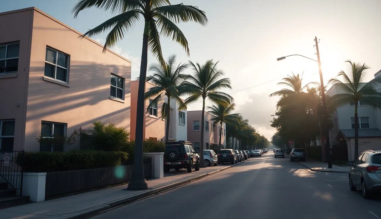 Pastel apartment buildings on a Miami-Dade residential street in afternoon light