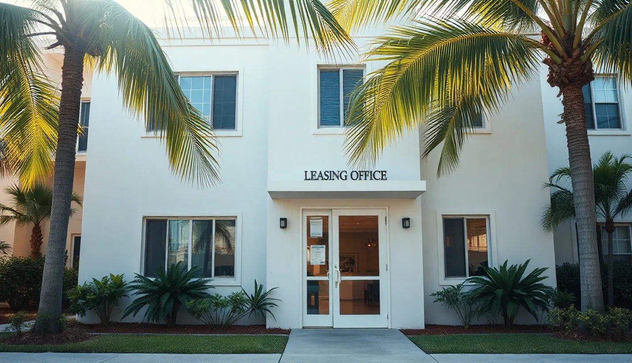 Miami apartment building exterior with palm trees and morning sunlight