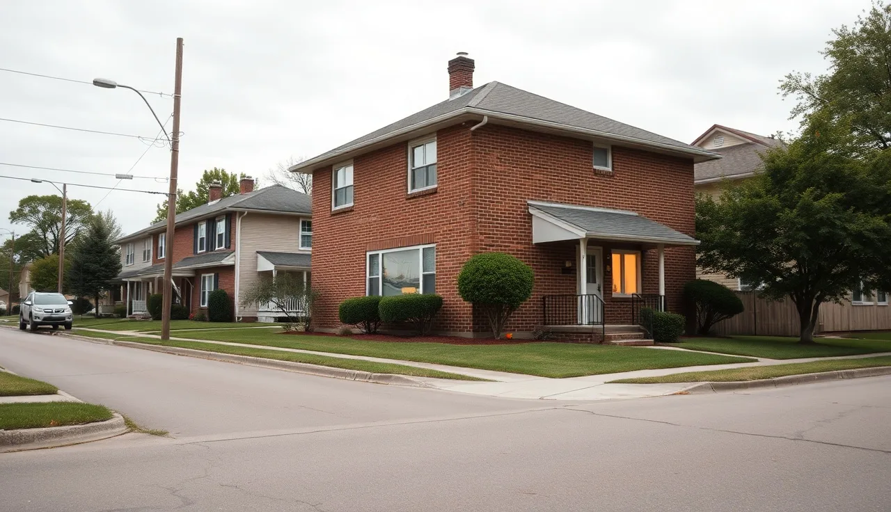Brick two-story rental home on a quiet Michigan residential street in afternoon light