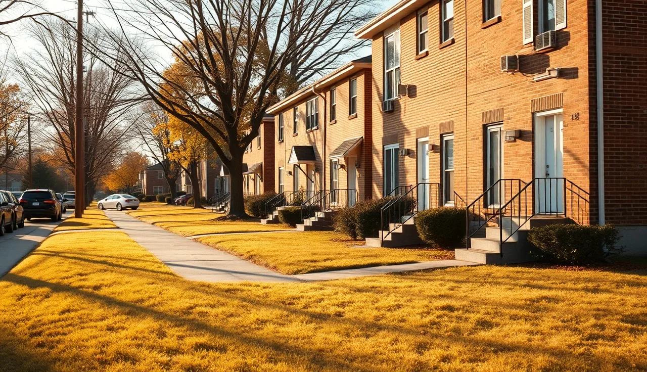 Brick rental homes on a residential street in Lansing Michigan in autumn