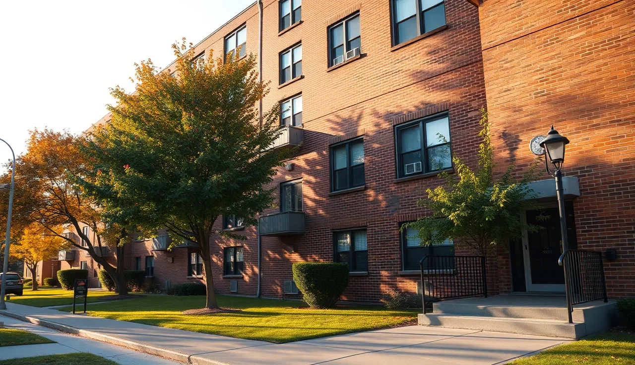 Brick Milwaukee apartment building exterior on a sunny autumn afternoon