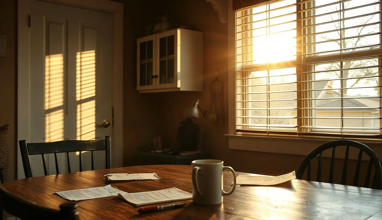 Afternoon light through blinds on a kitchen table in a modest Mississippi home