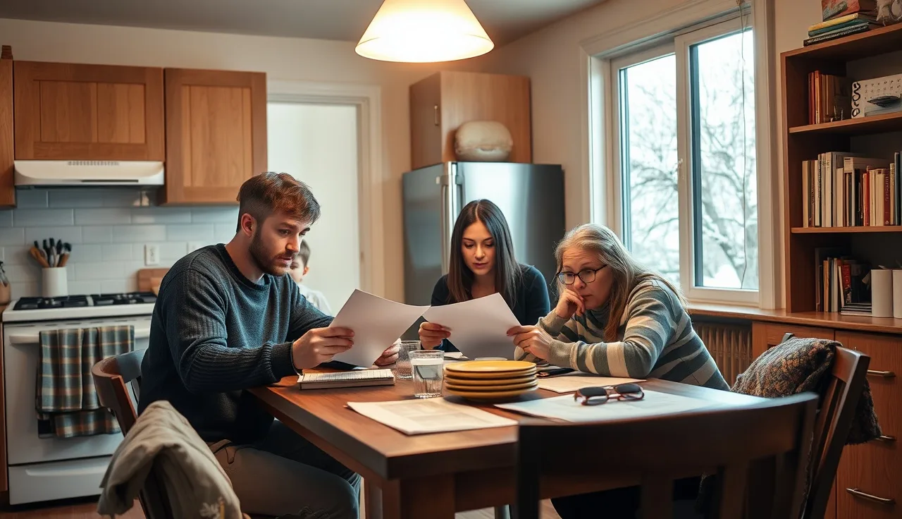 Family reviewing housing paperwork at a kitchen table in a Minneapolis apartment