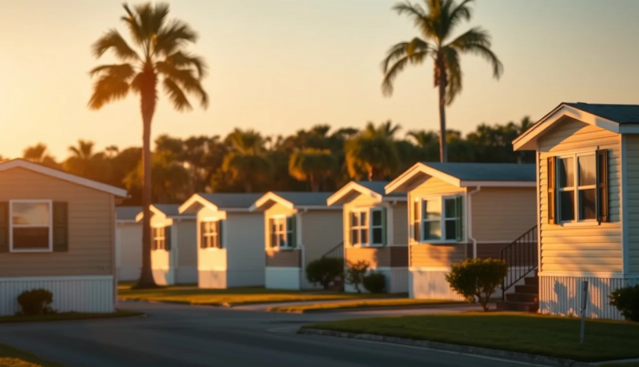 Manufactured homes on a quiet Port Orange Florida street at golden hour