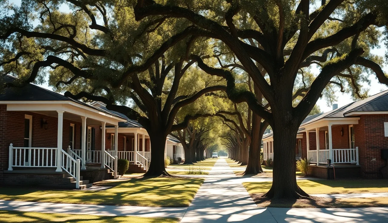 Row of brick rental homes on a quiet Mobile Alabama street with live oaks
