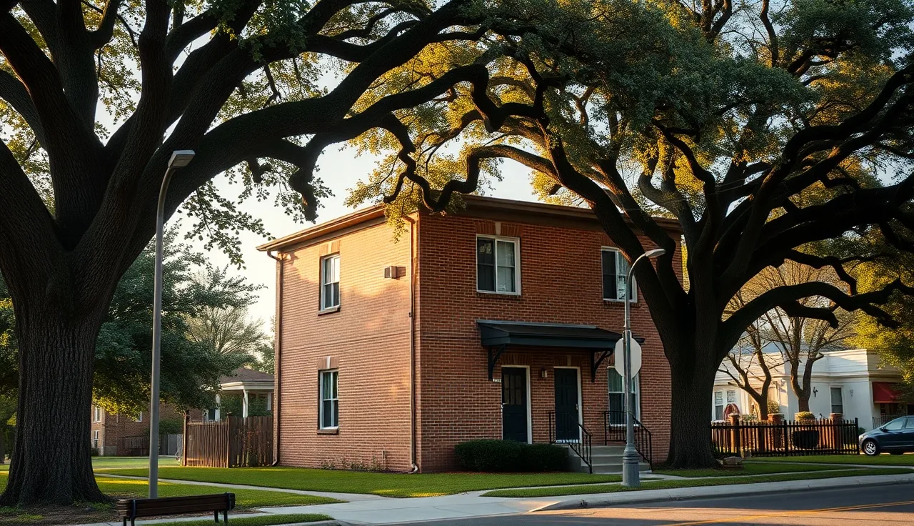 Brick apartment building on a residential street near Monroe Housing Authority service area