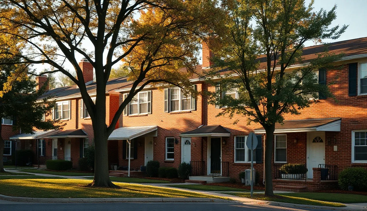 Brick townhouses in a Montgomery County Maryland suburb on a sunny afternoon