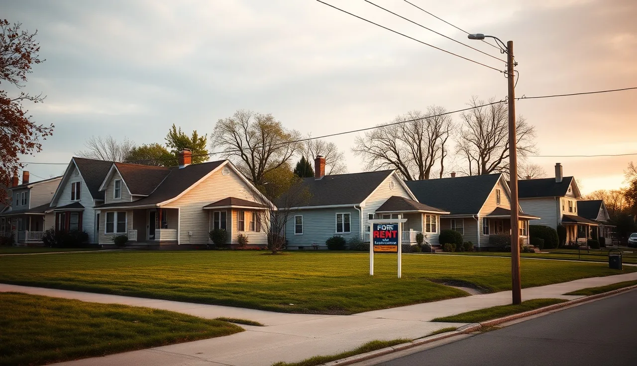 Modest Michigan residential street with a for-rent sign in a front yard