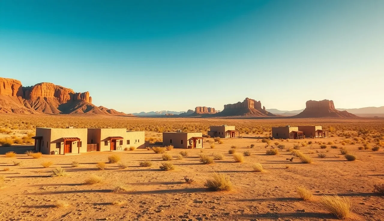 Adobe-style homes on the Navajo Nation high desert landscape under a clear sky