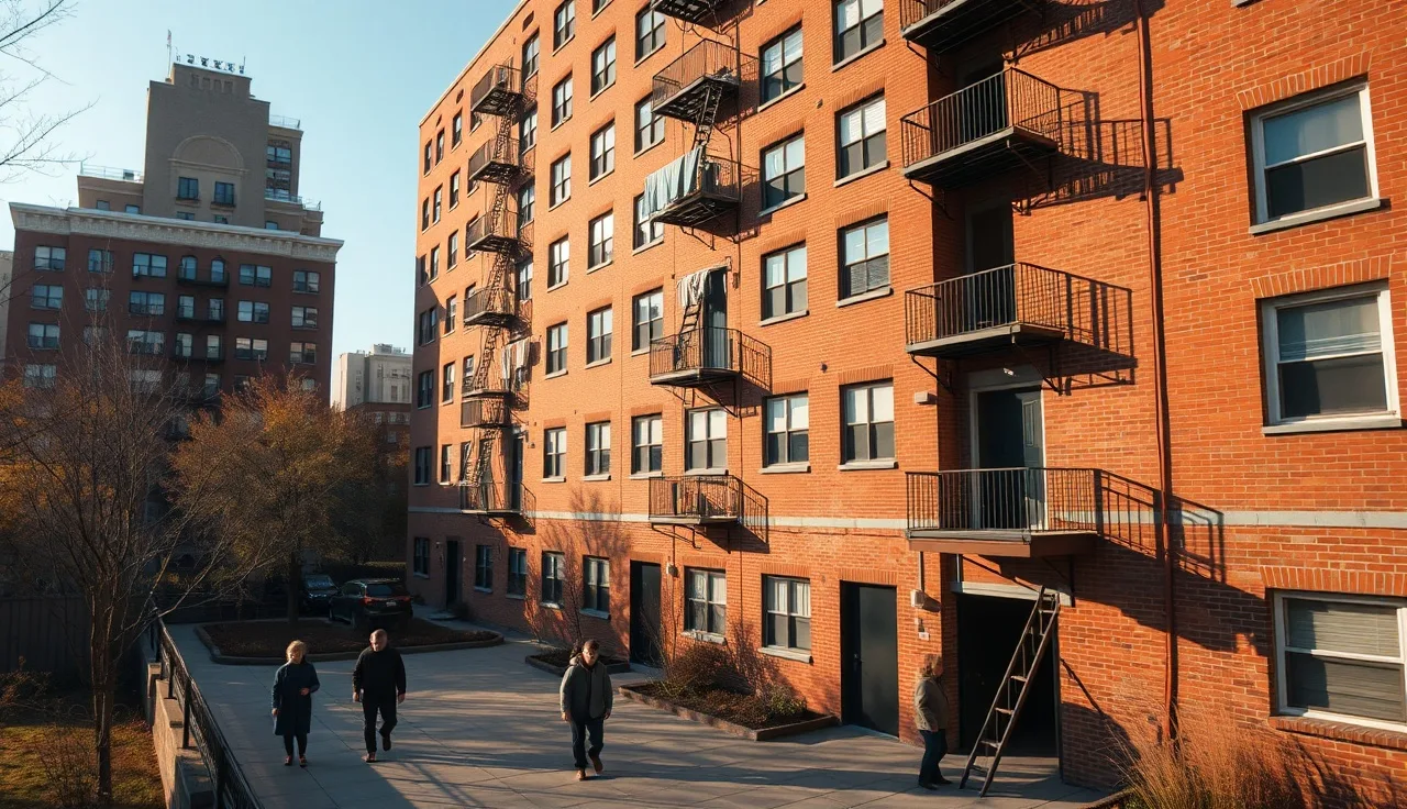 Red-brick public housing towers in a New York City borough on an autumn morning