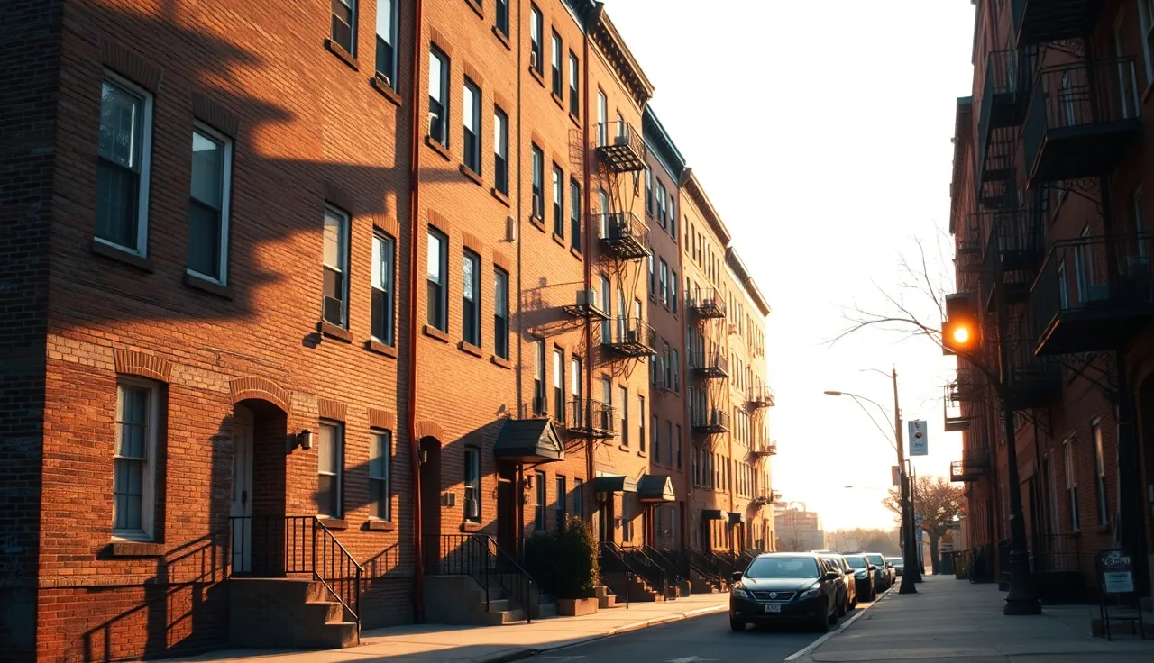 Brick apartment buildings on a Newark street in late afternoon light