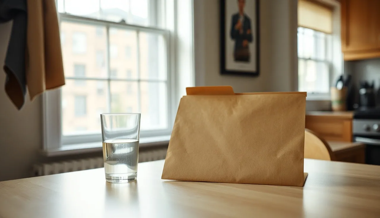 Open folder on kitchen table in modest NH apartment, Section 8 income eligibility concept