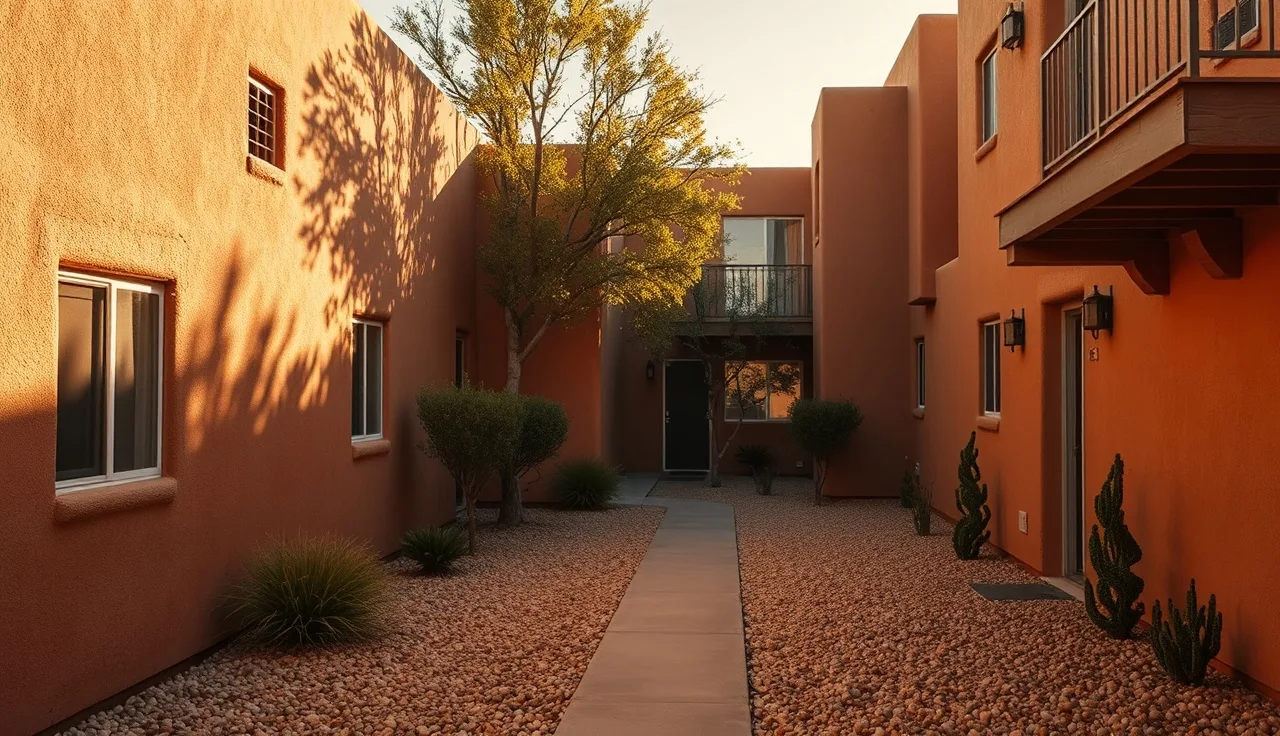Sunlit adobe apartment courtyard in Albuquerque representing New Mexico Section 8 housing