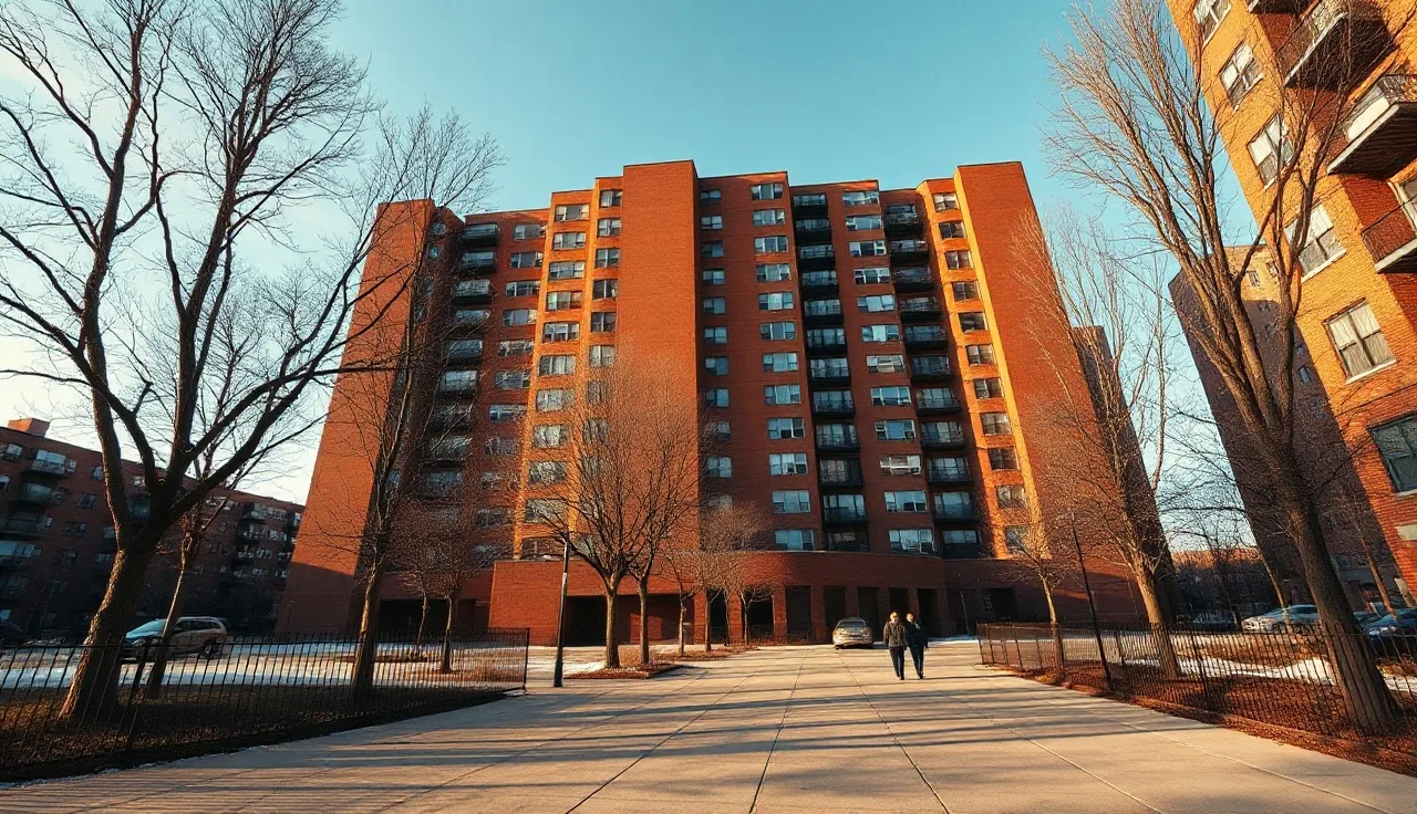 Red-brick NYCHA public housing tower in the Bronx on a winter morning