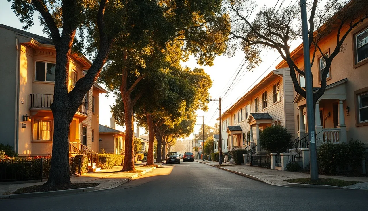 Quiet Oakland residential street with stucco rental homes at golden hour