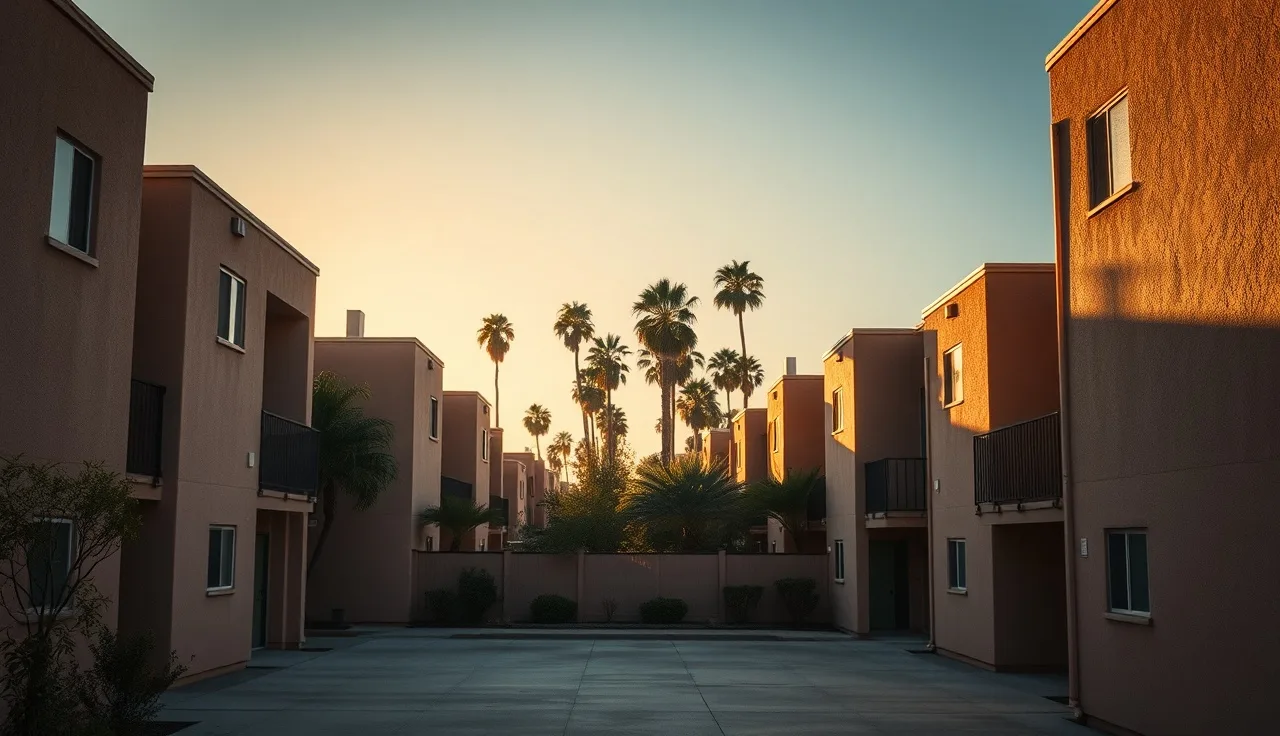 Stucco apartment buildings in an Orange County neighborhood under afternoon sunlight