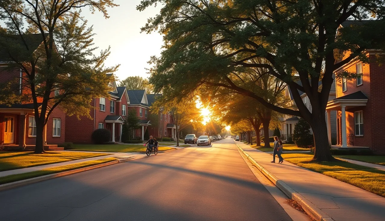 Omaha residential street with brick houses and family walking at sunset