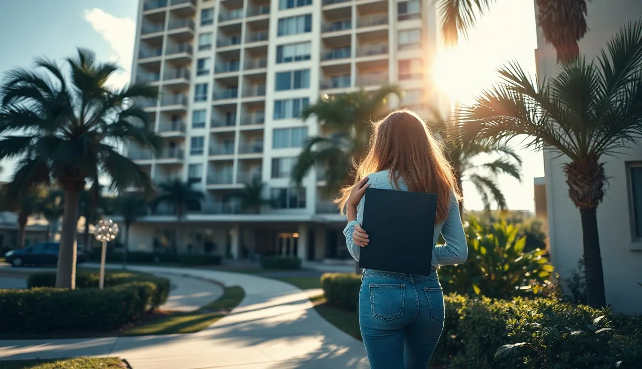 Woman approaching a South Florida apartment building entrance on a sunny afternoon