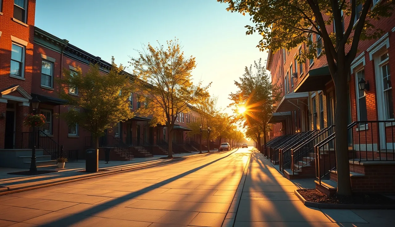 Philadelphia rowhouse block at golden hour with autumn street trees and brick facades