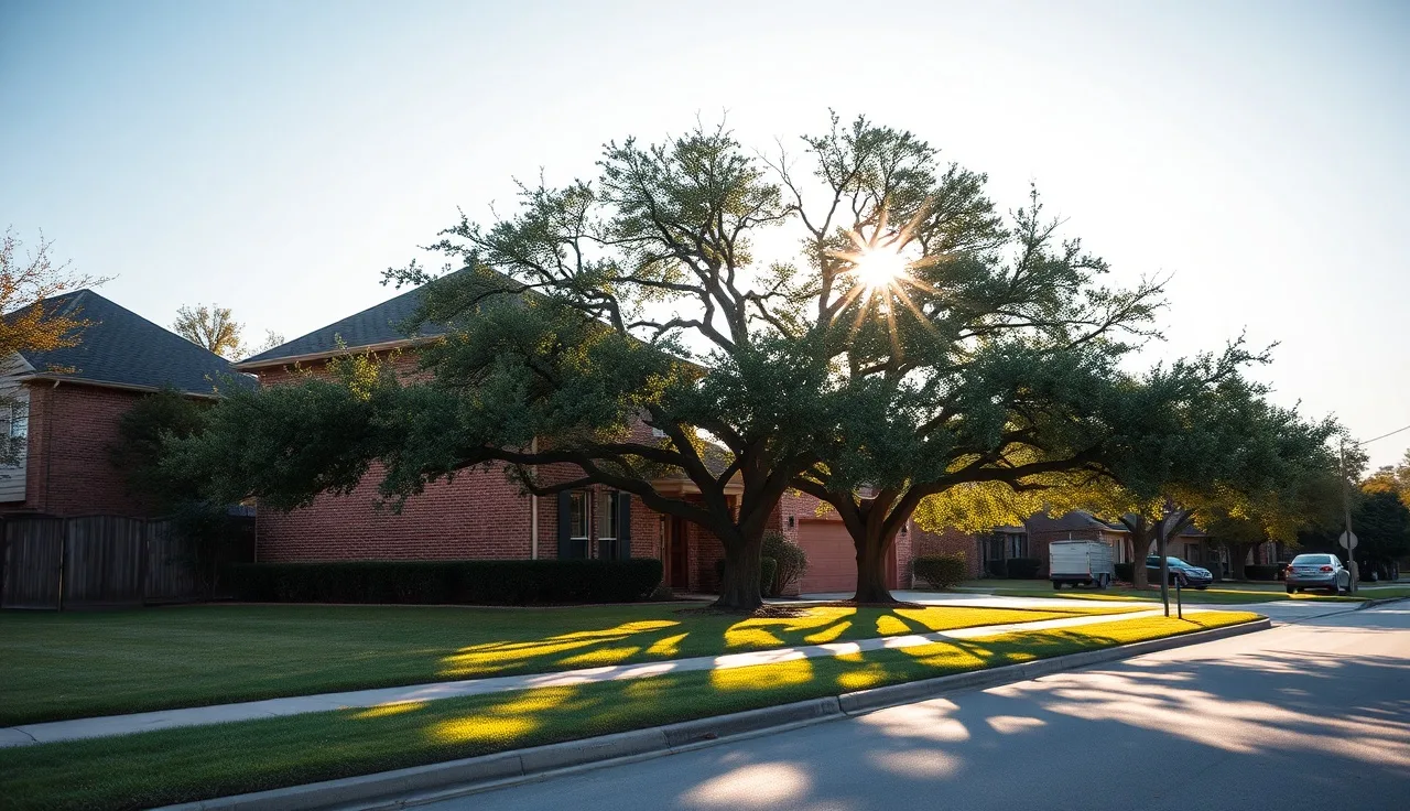 Quiet residential street in Plano Texas on a sunny afternoon