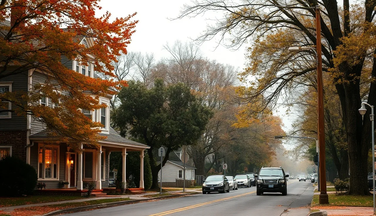 Quiet residential street in Port Jervis NY with older two-story houses and autumn trees