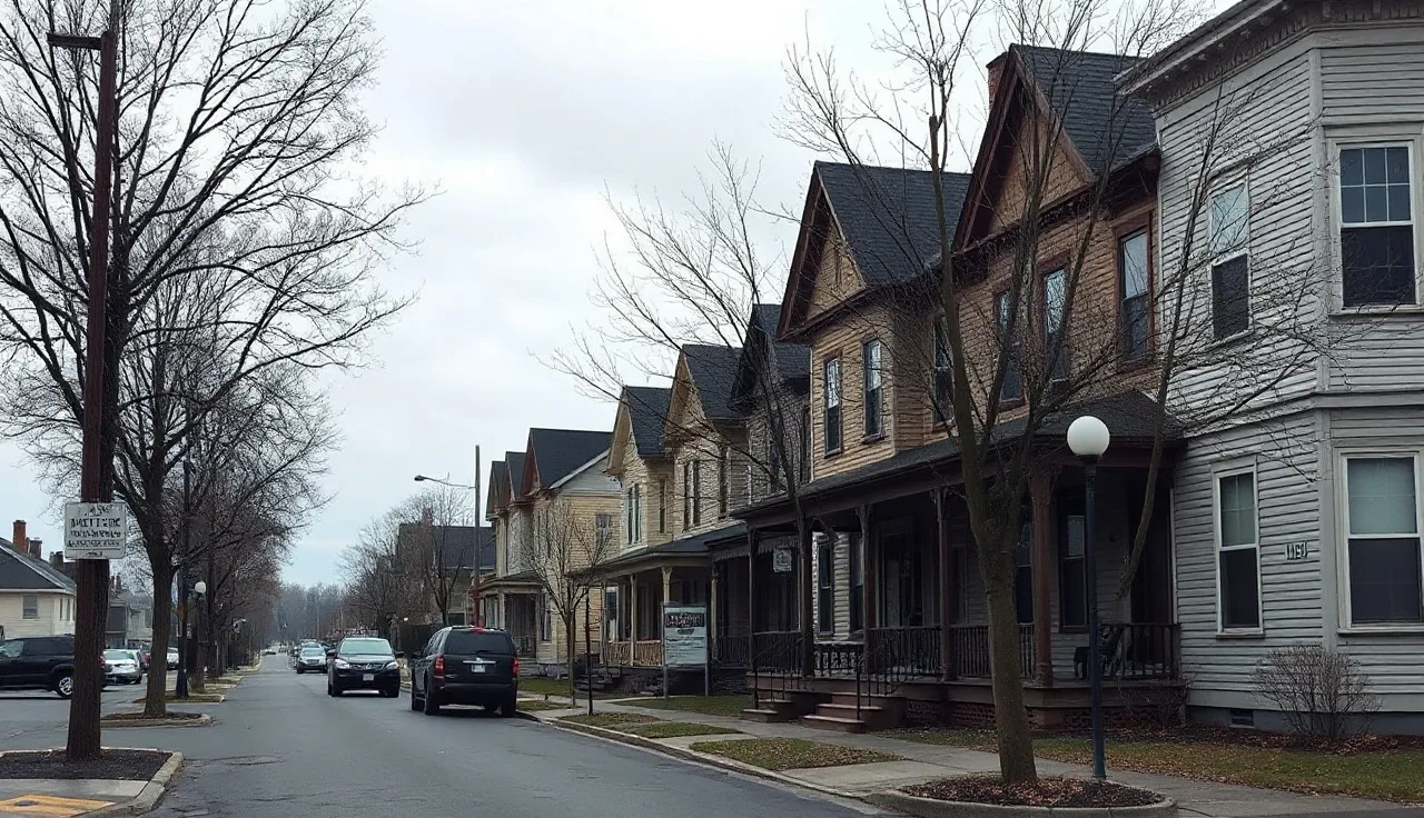 Residential street with older homes in a small upstate New York city
